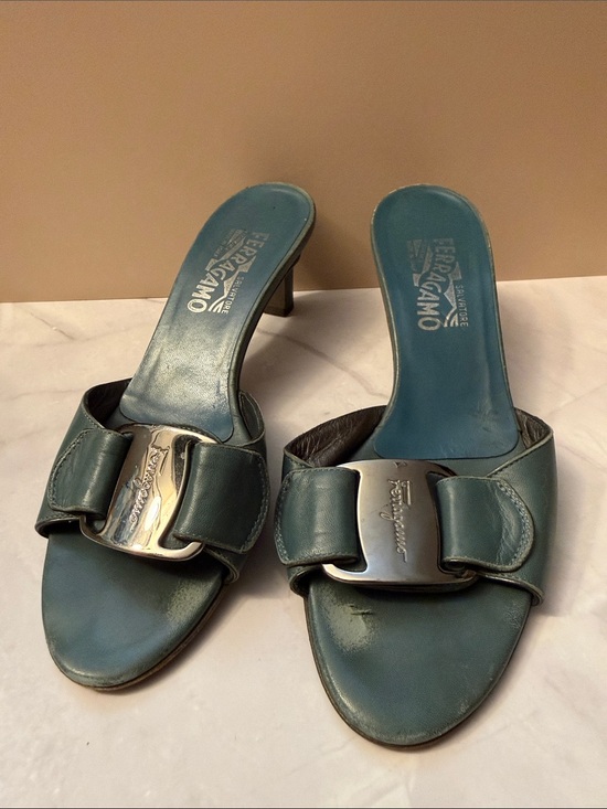 Salvatore Ferragamo Shoes - Salvatore Ferragamo Teal Leather Buckle Slide Mules